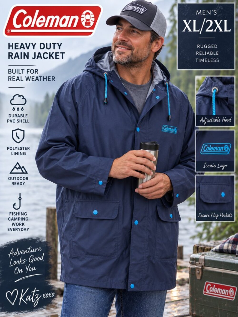 Coleman Heavy Duty PVC Rain Jacket XL/2XL Lined Fishing Foul Weather Raincoat